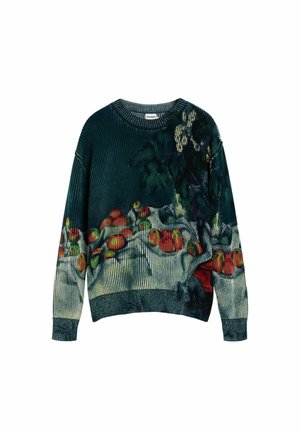 Tamsiai žalias megztinis su spalvotu gėlėtu raštu, kuriame dominuoja raudonos ir žalios spalvos akcentai. Megztas su ribiniu raštu ir apvalia kaklo linija.