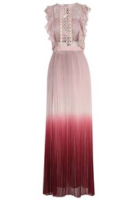 Faltendes Kleid mit Rüschensäumen, das einen Häkelspitzen-Bodice hat. Farbverlauf von hellrosa zu tiefrot am Saum. Leichtes Material.