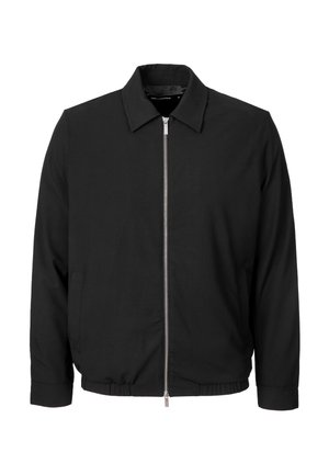 Sort casual jakke med lange ærmer, frontlynlås, krave og elastisk kant og manchetter, vist på hvid baggrund.