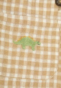 Beige och vit rutigt tyg med en ficka som har en grön broderad dinosaurie design, med detaljer om rygghorn i gult garn.