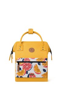 Yellow backpack with textured fabric, a top handle, and a white front pocket featuring a colorful citrus pattern. Zip closure and logo detail.