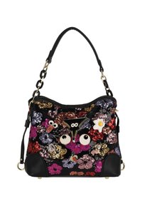 Flitteres kézitáska fekete bőr részletekkel. Színes virágmintákkal, különféle játékos díszítésekkel és láncos vállpánttal.