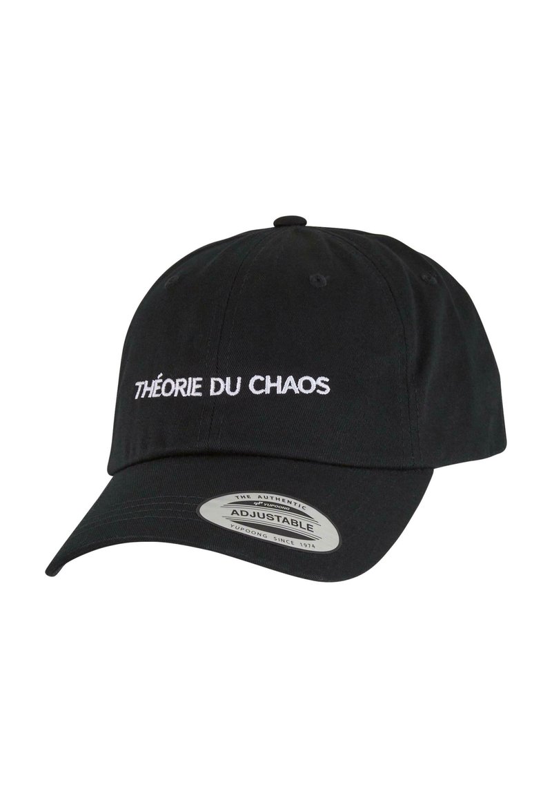 Casquette de baseball noire réglable en coton, avec le texte brodé en blanc "THÉORIE DU CHAOS" sur le devant. Œillets en haut.