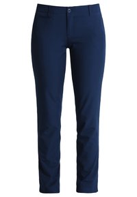 Marinblå skräddarsydda byxor tillverkade av slätt tyg, med knäppning fram, slim fit, och en bakficka utan synliga mönster.