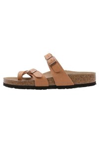 Brown leather slide sandal with two adjustable straps and a textured surface, featuring a cork midsole and a black rubber outsole.