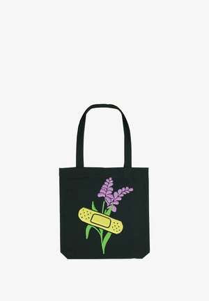 Borsa tote nera con fiori viola ricamati e un design di cerotto giallo. Tessuto resistente con due lunghe maniglie per trasportarla.