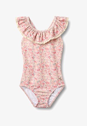 Pink badedragt med lille blomsterprint og flæsekant ved halsudskæringen, pyntet med cremefarvet blonder.