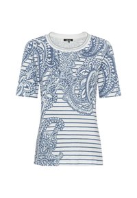 Kurzarm-T-Shirt in Weiß und Blau mit einem Paisleymuster, das mit horizontalen Streifen durchzogen ist. Rundhalsausschnitt, Baumwollmischgewebe.