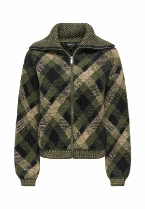 Veste à fermeture éclair avec motif à carreaux vert, noir et beige ; tissu en maille texturée ; col montant ; poignets et ourlet en côte.
