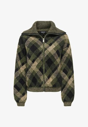 Reißverschlussjacke in grünem, schwarzem und beige kariertem Muster; strukturierter Strickstoff; hoher Kragen; gerippte Bündchen und Saum.