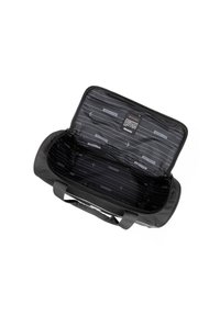 Sac de voyage noir avec une ouverture zippée. L'intérieur présente un motif géométrique avec le nom de la marque "WITTCHEN" et plusieurs compartiments.