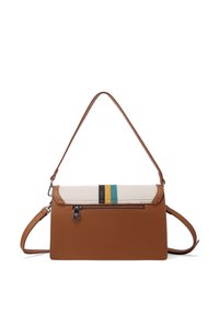 Borsa a tracolla in pelle marrone con pattina color crema decorata con strisce nere, gialle e turchesi. Include una tasca con zip e una tracolla regolabile.