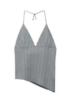 Grijze geribbelde crop top met een V-hals en dunne verstelbare bandjes. Heeft een asymmetrische zoom en een zachte textuur.