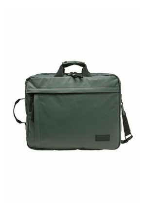 Sac rectangulaire vert foncé en tissu durable. Dispose de deux poignées supérieures, d'une sangle ajustable et d'une poche zippée à l'avant.