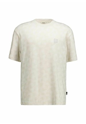 T-majica s kratkimi rokavi v barvi slonokoščene bele z nežnim geometričnim vzorcem in majhnim kvadratnim logotipom na levi strani prsnega koša.
