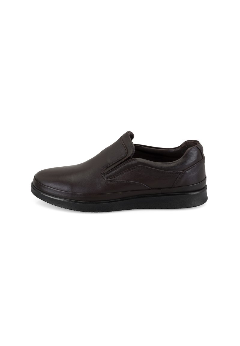 Dunkelbraune Leder-Schlupfschuhe mit abgerundeter Spitze, elastischen Seitenteilen und strukturiertem schwarzen Gummisohle. Einfaches Design, keine sichtbaren Beschläge.