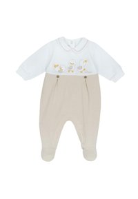 Combinaison en coton léger pour bébé, avec un haut blanc à col festonné, un bas beige et des canards brodés avec des accents jaunes.