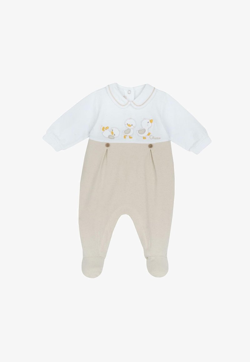 Combinaison en coton léger pour bébé, avec un haut blanc à col festonné, un bas beige et des canards brodés avec des accents jaunes.
