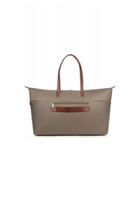 Borsa tote elegante in tessuto taupe con manici in pelle marrone, chiusura a zip e tasca frontale con accentuazione in pelle coordinata.