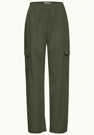 Cargobroek in donkerolijfgroen, gemaakt van lichtgewicht stof, met een elastische tailleband en twee zijcargo pockets.