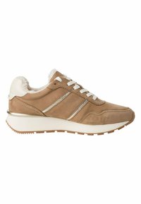 Brown suede sneaker with white faux fur lining, silver accents, and white laces. Features a rounded toe and a contrasting rubber sole.