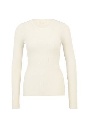 Top de manga larga de canalé en color crema, con cuello redondo y corte ajustado, fabricado en una tela texturizada, sin logotipos ni patrones visibles.
