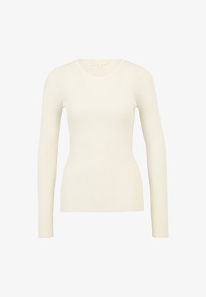 Top de manga larga de canalé en color crema, con cuello redondo y corte ajustado, fabricado en una tela texturizada, sin logotipos ni patrones visibles.