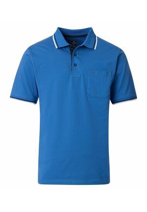 Blå polo t-shirt i bomuldsblanding, med en tre-knap lukning, korte ærmer med stribede manchetter og en lomme på venstre bryst.