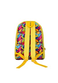 Backpack with yellow fabric exterior, featuring a colorful pattern of abstract shapes in pink, blue, and orange. Adjustable yellow straps.