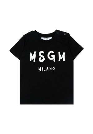 T-shirt nera a maniche corte per bambino piccolo con scritta bianca "MSGM MILANO" e due bottoni a pressione sulla spalla.
