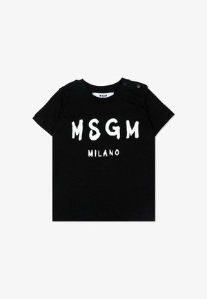 Czarna koszulka z krótkim rękawem dla malucha z białym napisem „MSGM MILANO” oraz dwoma zatrzaskami na ramieniu.
