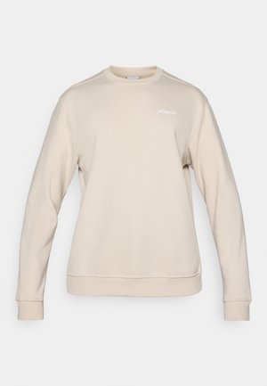 Beige hosszú ujjú pulóver, puha anyagból készült. Kerek nyakkivágással, bordás mandzsettákkal és egy kis logóval a mellkason. Sima textúrájú.