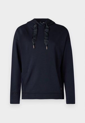 Navy blue hoodie with a front pocket, drawstring hood, and gold accents. Features a textured logo detail on the sleeve. Soft, casual design.