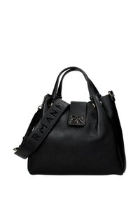 Borsa a mano in pelle nera con una forma strutturata, dotata di manico superiore e tracolla removibile con marchio in rilievo. Ferramenta in tonalità oro.