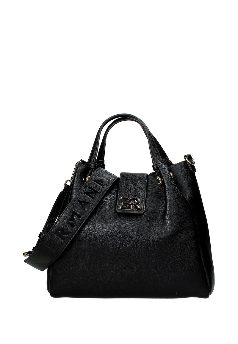 Borsa a mano in pelle nera con una forma strutturata, dotata di manico superiore e tracolla removibile con marchio in rilievo. Ferramenta in tonalità oro.