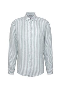 Chemise à manches longues à boutons avec des rayures verticales vertes et blanches, un col pointu et des poignets boutonnés.