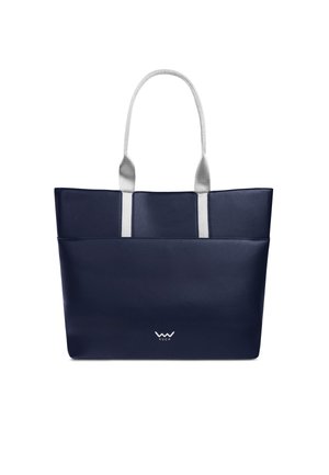 Navy tote bag with grey handles, made of smooth material. Features a logo at the bottom and a simple, structured design.