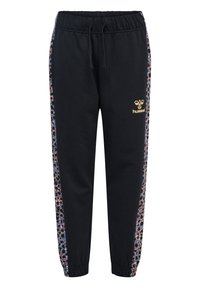 Schwarze Sweatpants mit einem elastischen Bund, seitlichen Leopardenmuster-Panels in Blau und Orange sowie einem goldenen Logo auf der linken Vorderseite.