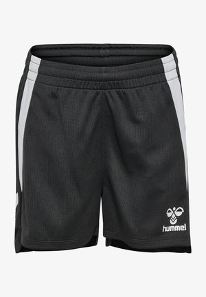 Czarne szorty sportowe z teksturowanej tkaniny, z białymi paskami po bokach oraz małym białym logo z przodu na dole. W komplecie elastyczny pas.