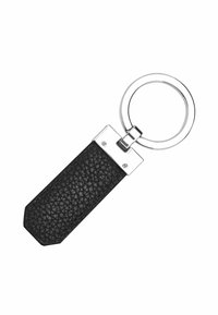 Black leather keychain with a textured surface, featuring a silver metal ring and a rectangular connector with visible screws.
