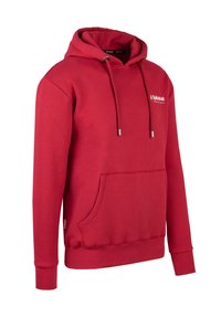 Rode katoenen hoodie met een kangoeroezak, een capuchon met trekkoord en ribgebreide manchetten. Heeft een logo op de borst in het wit. Soepele textuur.