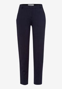 Pantalon femme bleu marine ajusté, avec passants pour ceinture et poches avant, longueur cheville.