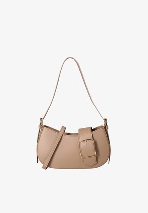 Beige leather shoulder bag with a large rectangular gold buckle and an adjustable strap, minimalist modern design.