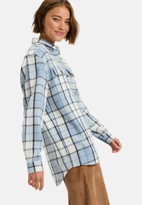 Camisa de cuadros de color azul claro, hecha de franela, con cuadros blancos y negros, bolsillo en el pecho y mangas largas. Tejido texturizado.
