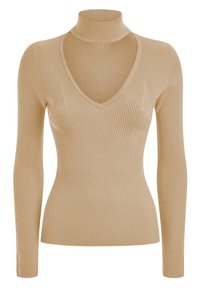 Beige geribbeld brei langemouwen top met een opstaande kraag en diepe V-hals. Kenmerkt zich door textuurdetails op de borst en een getailleerde silhoutte.