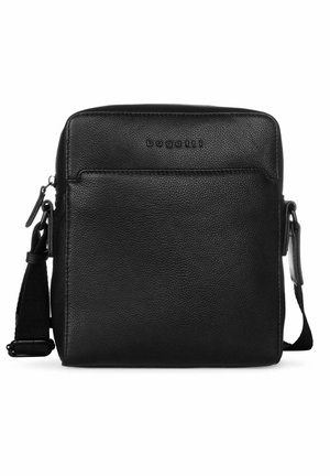 Zwarte gestructureerde leren crossbodytas met voorvak met rits, verstelbare schouderband en geperst "bugatti" logo.