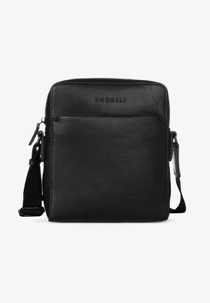 Zwarte gestructureerde leren crossbodytas met voorvak met rits, verstelbare schouderband en geperst "bugatti" logo.