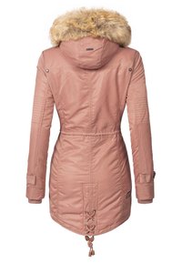 Roze geïsoleerde jack met een nep-fuikcapuchon, verstelbare taille, ribgebreide manchetten en zijveters. Gladde afwerking met minimale stiksels.