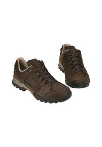 Braune Leder-Wanderschuhe mit texturierter Oberfläche, stabiler schwarzer Gummisohle, runder Zehenpartie und verstellbarem Schnürsystem.