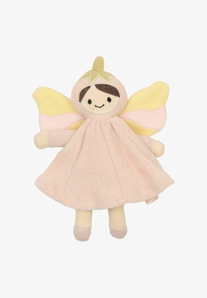 Měkká látková panenka s růžovými šaty a žlutými pruhovanými křídly. Má usměvavý obličej s hnědými vlasy, kulaté paže a nohy a béžové detaily.